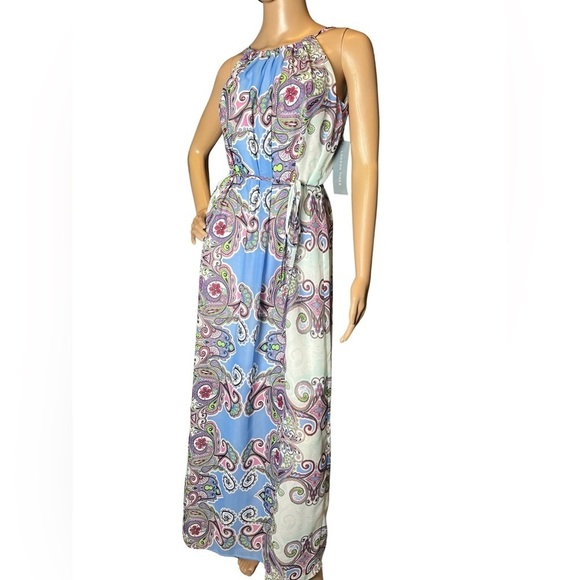 London Times Halter Printed Floral Boho maxi Key Hold dress with tie belt Size 4 - Picture 7 of 14